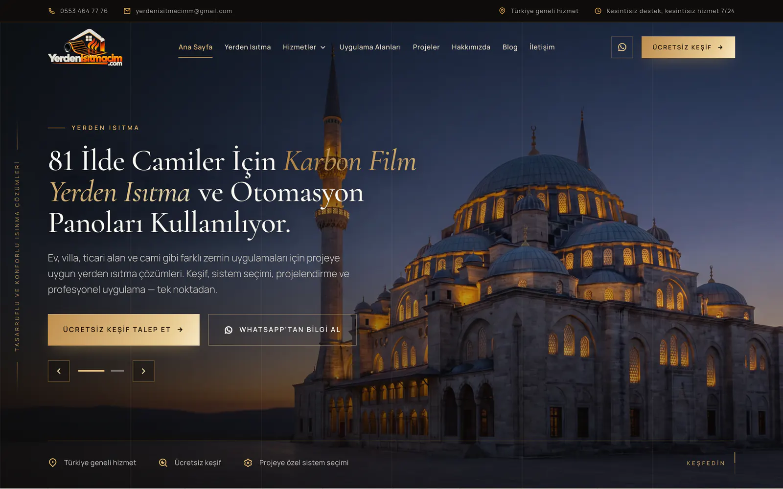 Yerden Isıtmacım ana sayfasının masaüstü görünümü: akşam aydınlatmalı bir cami fotoğrafı üzerinde başlık ve keşif talebi düğmesi.