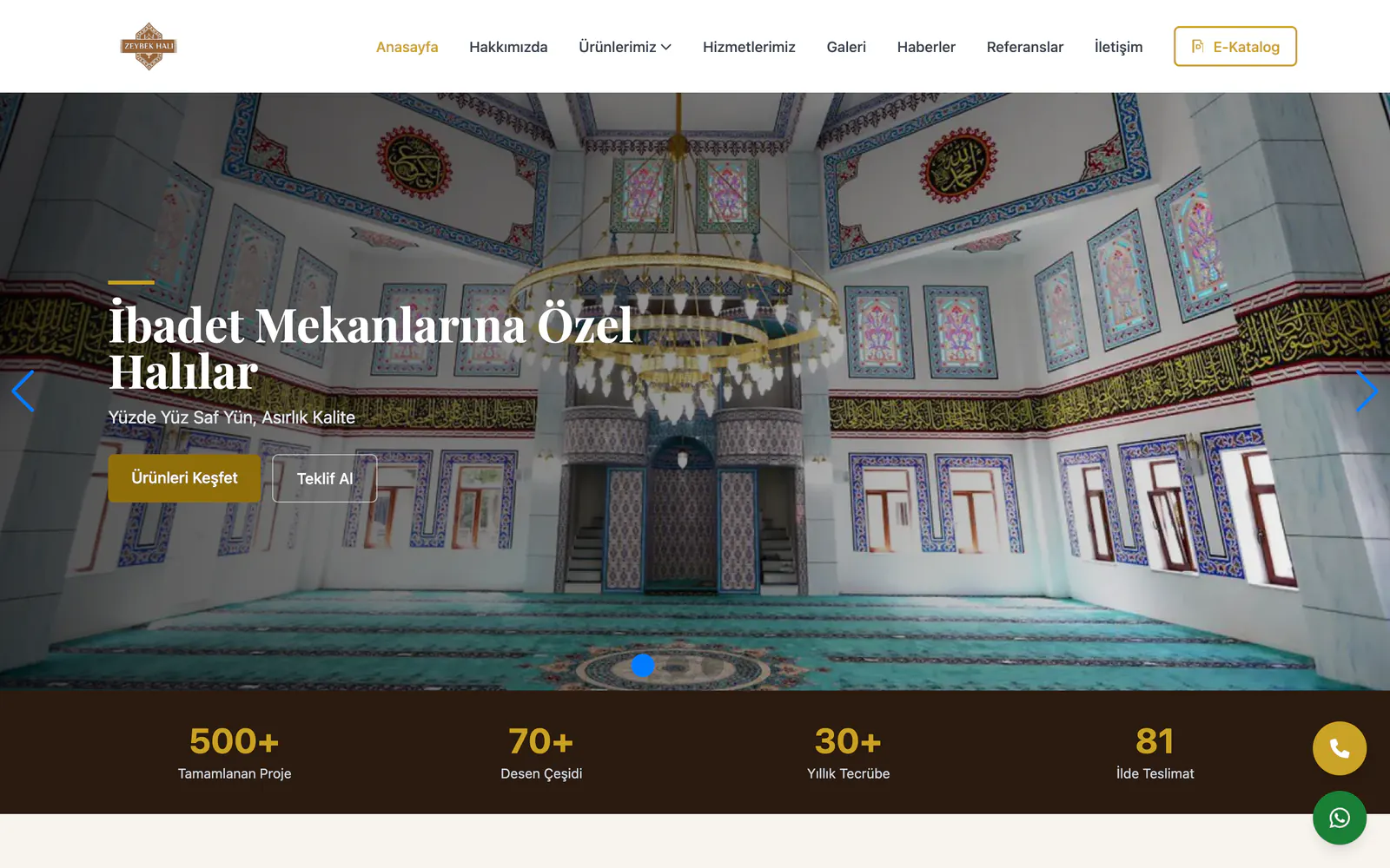 Zeybek Halı ana sayfasının masaüstü görünümü: cami iç mekânı fotoğrafı üzerinde slayt başlığı ve ürünleri keşfet düğmesi.